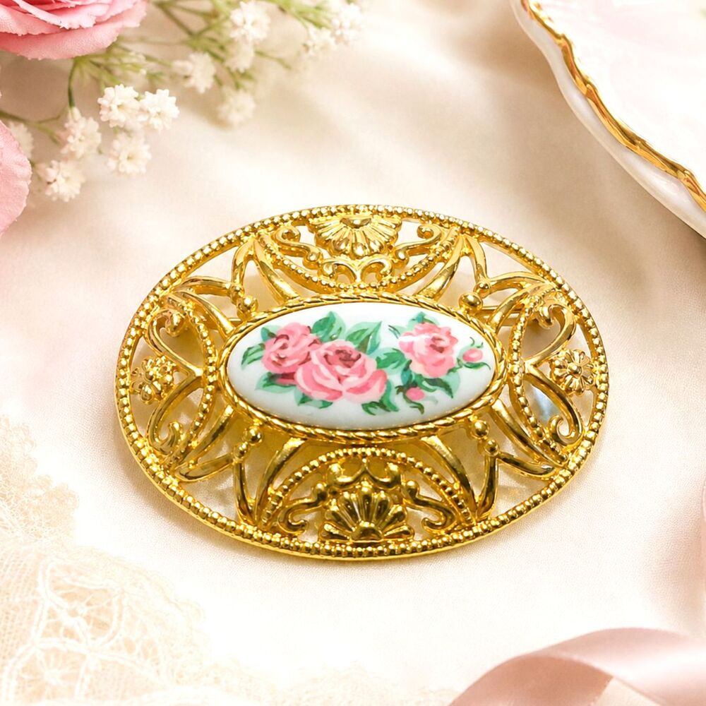 Vintage Avon Pastel Lace Pin Pink Roses Floral Brooch 1994